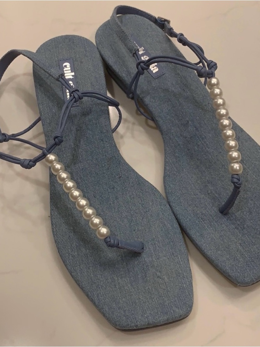 cult gaia denim pearl T-strap sandals in blue